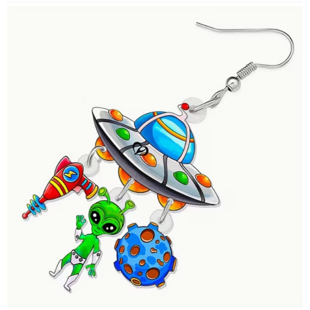 FUN Alien UFO Space Gun Planet Dangle Earrings - Picture 4 of 5
